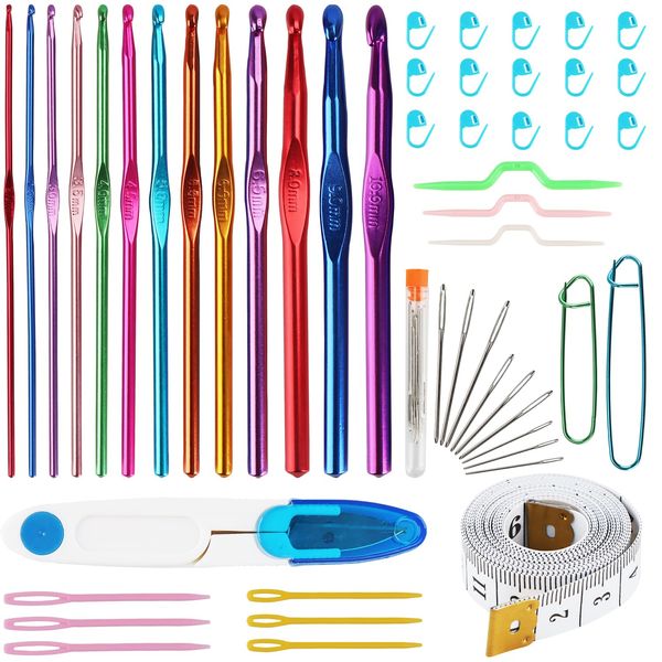 OWill 53 PCS Crochet Hooks Set,Coloured Aluminium Crochet Needles, with Knitting Accessories Tools,14 Full-Size Crochet Kits Suitable for Beginners Adults