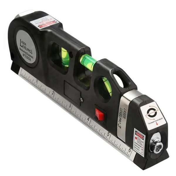 Laser Spirit Level – 3 in 1 Multipurpose Self Level Retractable Double Sided Measuring Measure Tape – Horizon Cross Standard Aligner, Metric Ruler, Horizontal 180° Vertical 90°, 45°, ±0.029°=±1.0mm/m