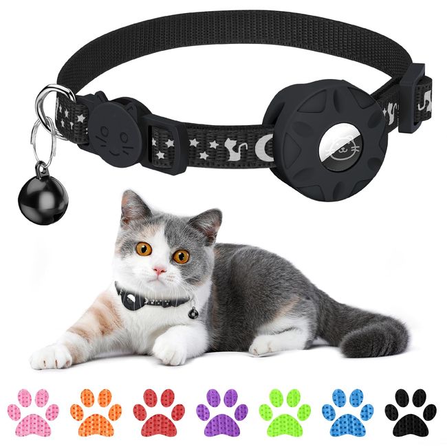 Airtag Katzenhalsband, Integriertes Katzenhalsband Airtag mit AirTag Halter und Glocke,Reflektierendes Katzenhalsband mit abbrechbarer Sicherheitsschnalle für Kätzchen Welpen (schwarz)