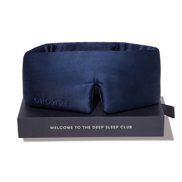 DROWSY Silk Sleep Mask. Face-Hugging, Padded Silk Cocoon for Luxury Sleep in Total Darkness (Midnight Blue)