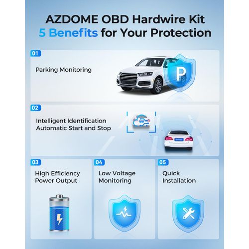 AZDOME Type C Port OBD Hardwire Kit for Dash Cam, Easy to Install, Support Parking Mode, 11FT 12V-24V to 5V Power Cable for Car Camera with Type C Port, Low Voltage Protection
