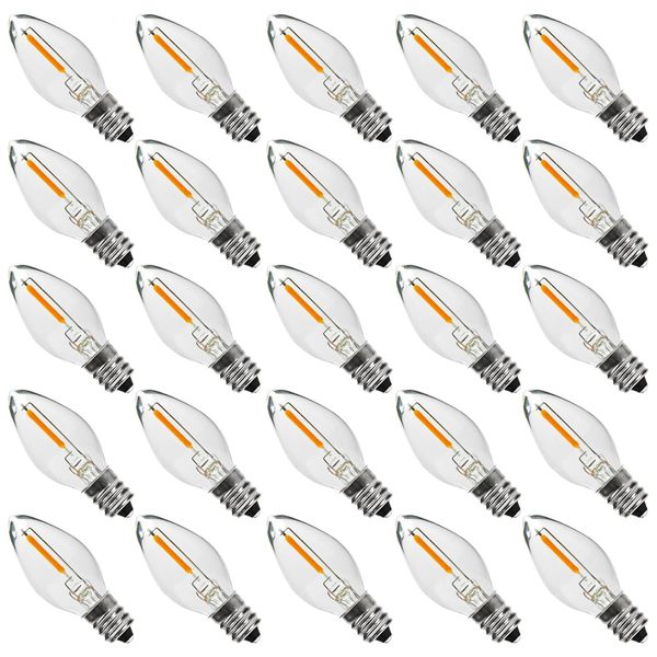 Austin Coast 25PACK LED Night Light Bulbs, C7 Candelabra LED Light Bulbs, E12 Chandelier Base, 0.6W Equivalent to 7W, Warm White 2200K,50LM Dimmable,Shatterproof & Waterproof Clear ‎Plastic