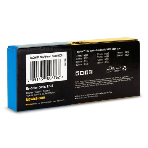 TACWISE 1724 Type 18G / 14 mm Galvanised Brad Nails, Pack of 5000