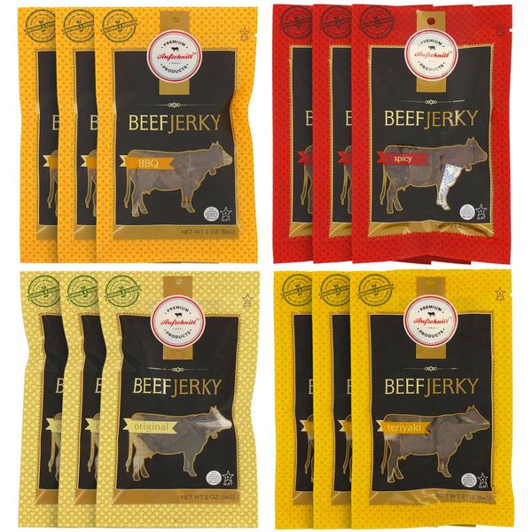 Aufschnitt Grass Fed Beef Jerky - Low Sodium, Certified Kosher - Halal and Keto Friendly - 12 Pack, Variety Pack