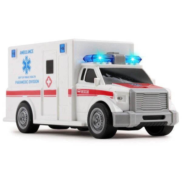 Vokodo Rescue Ambulance Friction Powered 1:20 Scale Toy Car with Lights and Sounds Durable Kids Medical Transport Emergency Vehicle Push and Go Pretend Play Van Great Gift for Children Boys Girls