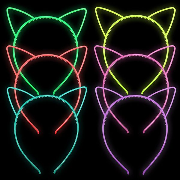 ZIRICHER 6 Colors Cat Headbands Glow in the Dark,Plastic Light Up Hair Band Luminous Headband For Girls Christmas,Happy New Year,Birthday Party