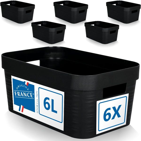 6er Set Aufbewahrungsbox 6L Aufbewahrungskorb Kunststoff Ordnungsbox mit Griffen für Badezimmer Regal Organizer Box (Schwarz, 6er Set 6L)