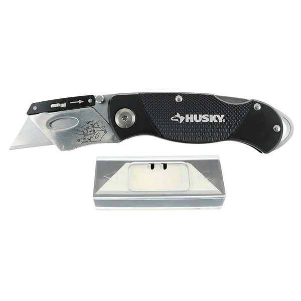 Husky 21113 Folding Sure-Grip Lock Back Utility Knife w/ 10 Disposable Blades Included (Colors Vary)