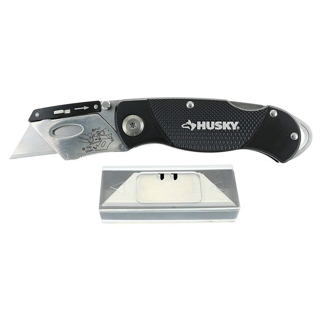 Husky 21113 Folding Sure-Grip Lock Back Utility Knife w/ 10 Disposable Blades Included (Colors Vary)