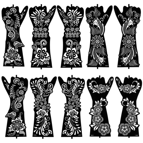 Large Henna Tattoo Stencil Kit - 10 Sheets, Reusable Adhesive Templates for Women and Girls, Indian Arabian Tattoo Stickers for Hand and Body Paint - Body Art Stencil Temporary Tattoos