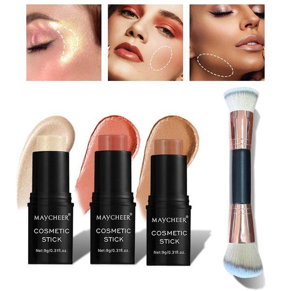 Contour Stick Makeup Set, 2024 New Face Stick Cream Blush, Bronzer Stick, Highlighter Stick for Face with Makeup Brush, Long Lasting & Natural Makeup Contour Stick for Beginner, 3 Colors (#01, 03, 05)