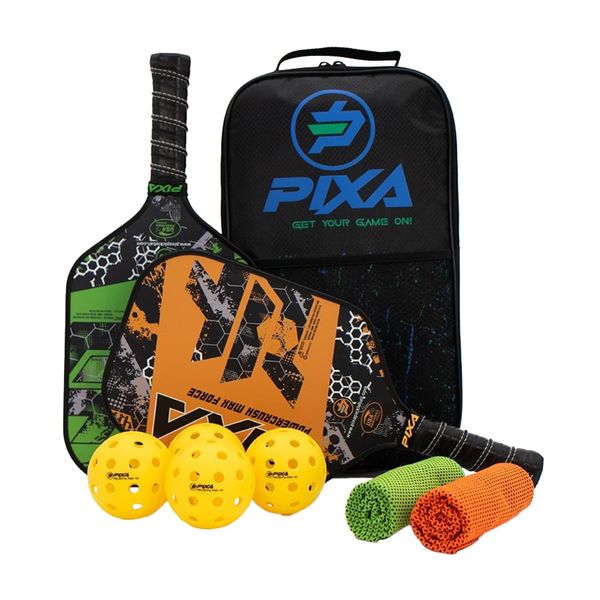 PIXA Powercrush Max Force Pickleball Paddle Set of 2, w/ 4 Balls, 2 Cooling Towels, Bag; T-300 Carbon, SpinMax Surface, 16mm, Beginner/Intermediate