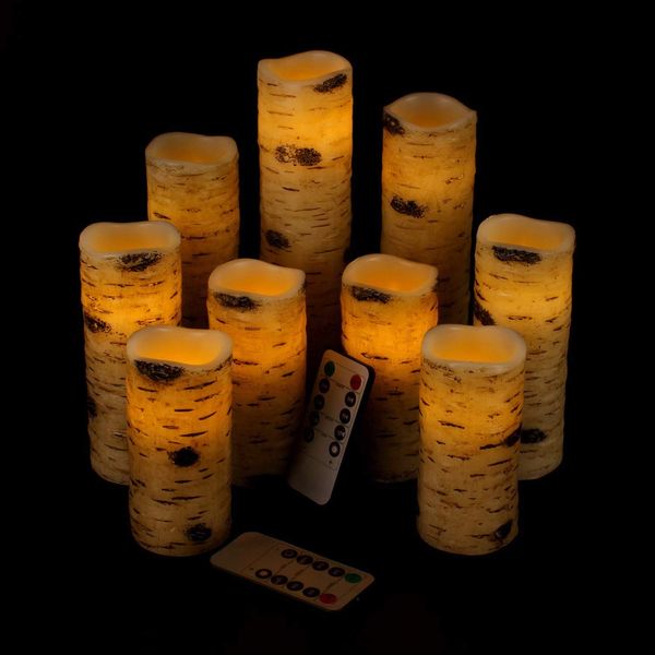 antizer Flameless Candles Birch Bark Effect Battery Operated Candles 4" 5" 6" 7" 8" 9" Set of 9 Real Wax Pillar LED Candles Each Candle 2.2" Diameter with 10-Key Remote Control 2/4/6/8 Hours Timer