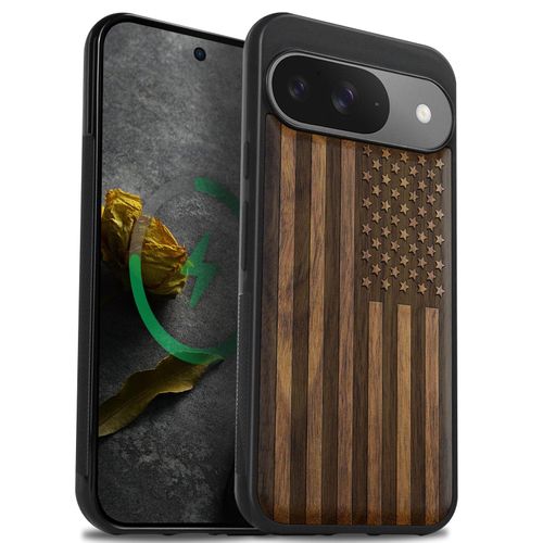 Carveit Magnetic Wooden Case for Google Pixel 9 Case, Wood Artisan Engraved & Soft TPU Shockproof Cover, Compatible with MagSafe Wireless Chargers (American Flag) Walnut
