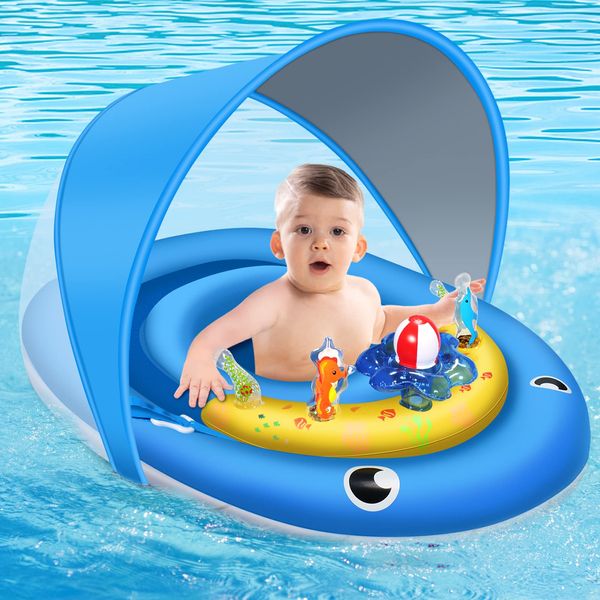 Baby Pool Float with Canopy UPF50+ Sun Protection, 6-24 Months Inflatable Infant Swimming Ring, Bath Floatie, Swimming Pool Accessories, and Toy Play Console with Adjustable Safety Seat