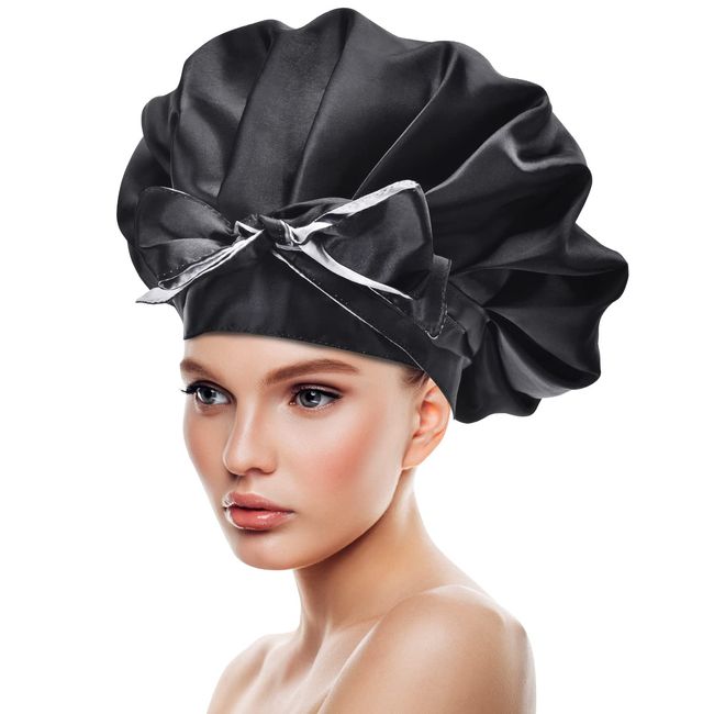 Silk Bonnet for Sleeping Satin Bonnet for Curly Hair Adjustable Hair Sleeping Cap Double-Lined Soft Hair Bonnet with Tie Band for Long Natural Hair (Black + White)