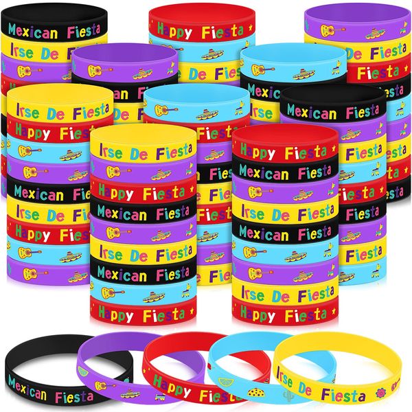 Mexican Fiesta Rubber Bracelets Cinco De Mayo Silicone Wristbands Fiesta Party Mexican Bracelets Cactus Maracas Stretch Wristband for Kids Adults Birthday Party Favors Goodie Bag Stuffers(150 Pcs)