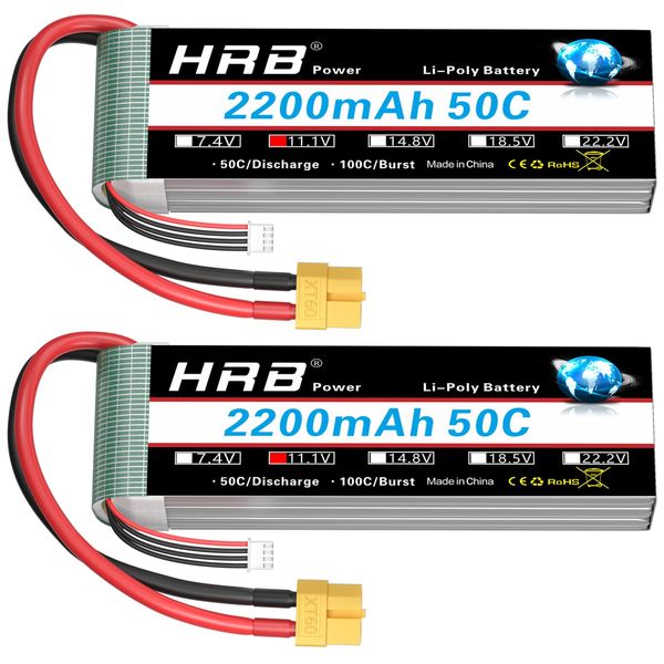 HRB 2pcs 3S 2200mAh Lipo Battery XT60 50C Shorty 11.1V RC Lipo Battery Compatible with RC Car RC Airplane RC Truck RC Boat