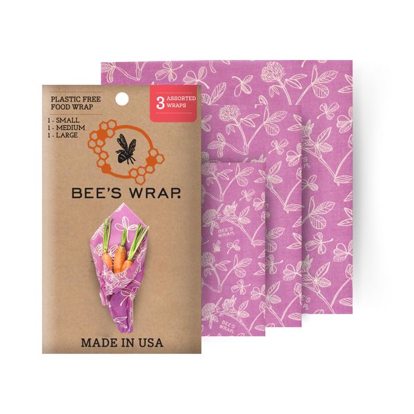 Bee's Wrap Reusable Beeswax Food Wraps Made in the USA, Eco Friendly Beeswax Wraps for Food, Sustainable Food Storage Containers, Organic Cotton Food Wraps, Assorted 3 Pack (S, M, L), Clover