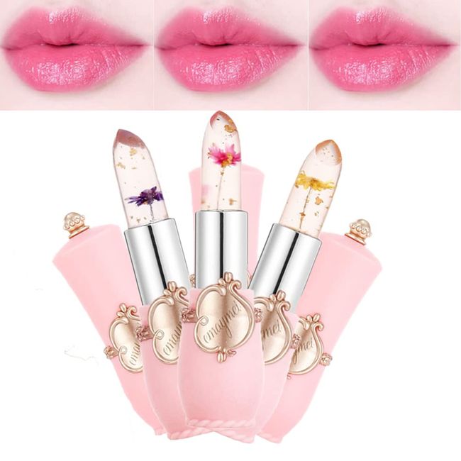 Pakivs 3Pcs Crystal Flower Jelly Lipstick Set,Magic Temperature Color Change Lip Gloss Long Lasting Clear Nutritious Moisturizer Lip Balm (Pink) (flower lipstick)