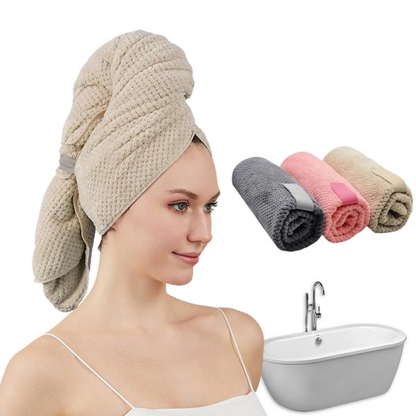 SURPRISE PIE Women Microfiber Hair Towel Wrap with Elastic Strap,Super Absorbent Anti Frizz Drying Turban for Curly, Long,Wet Hair- Beige