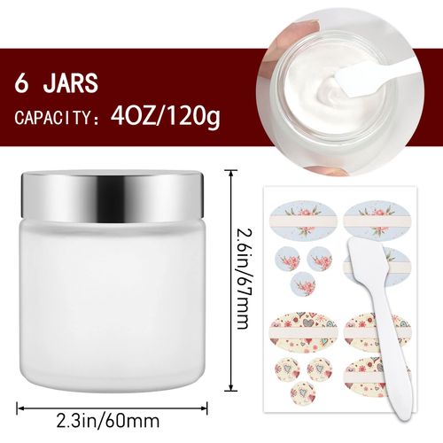 6 Pack, 4 oz 120 ml Frosted Glass Jars with Silver Lids & Inner Liners, Empty Matte Clear Round Refillable Cosmetic Containers Travel Jars for Cosmetics, Body Face Cream Lotion