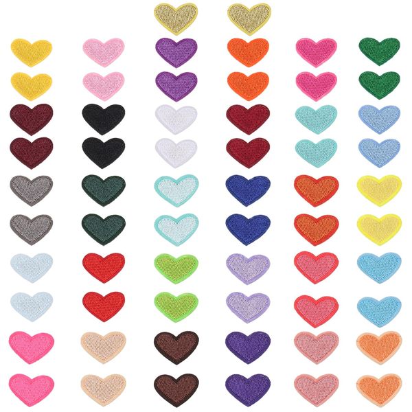 62pcs Colorful Heart Iron-On Patches, Sewing Embroidery Patches, DIY Heart Patches, Repair Clothes, Iron-On Patches for Coats, Pants, Skirts, Backpacks, Jackets