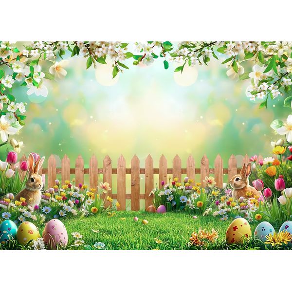 LYWYGG 7X5FT Easter Backdrop Easter Photography Background Rabbit Colorful Eggs Backdrops CP-609
