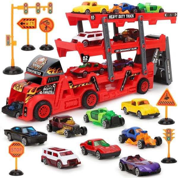 DINORUN Construction Vehicle Set, Mini Car Set, Car Toy, Working Car, Toy, Storage Car Set, Traffic Signs and Car Stickers, Indoor Play, 2, 3, 4, 5, 6 Years, Toys, Boys, Girls, Birthday, Gift, Christmas