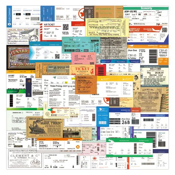 Airline Ticket Stickers Set, 55 Pieces, Waterproof Decals, Boarding Pass Sticker Pack, Suitcase, Laptop, Motorcycle, Helmet, Etc