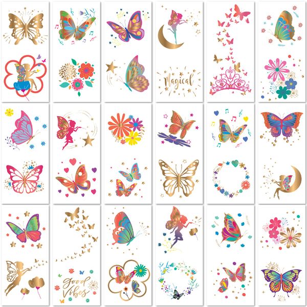 PapaKit Butterflies & Fairies 36 Temporary Fake Tattoo Set, 18 Individually Wrapped Sheets | Kids Girls & Boys Birthday Party Favor Gift Supply, Non-Toxic Safe Removable