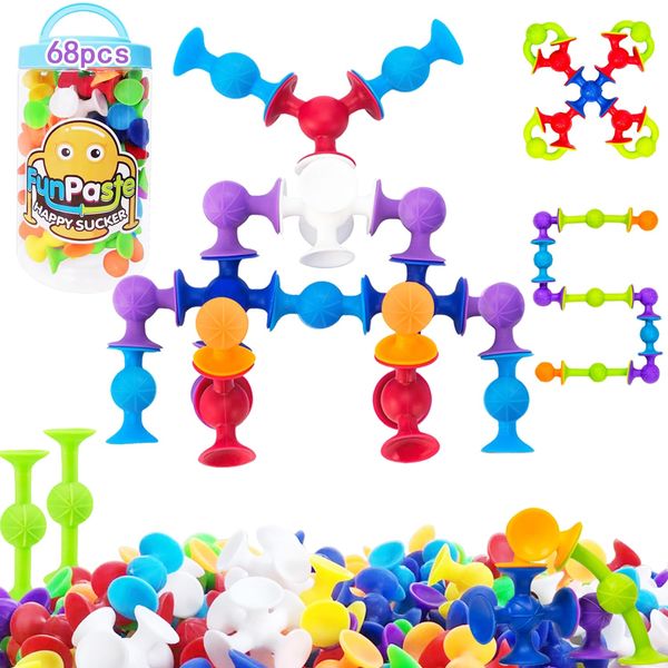 68 Piece Suction Cup Toys Bath Toys, Construction Set Silicone Building Blocks DIY Blocks Toys Sucker Toys Bathub Toys, Sensory Toy for Toddlers 3-8 Year Old Boys and Girls