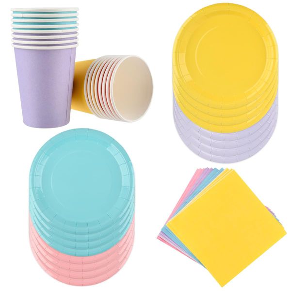 ANNTIM 48 Pack Colorful Party Plates Cups and Napkins Set, Disposable Paper Plates and Napkins, Rainbow Paper Plates Disposable Party Tableware for Wedding Birthday Party, DIY Painting