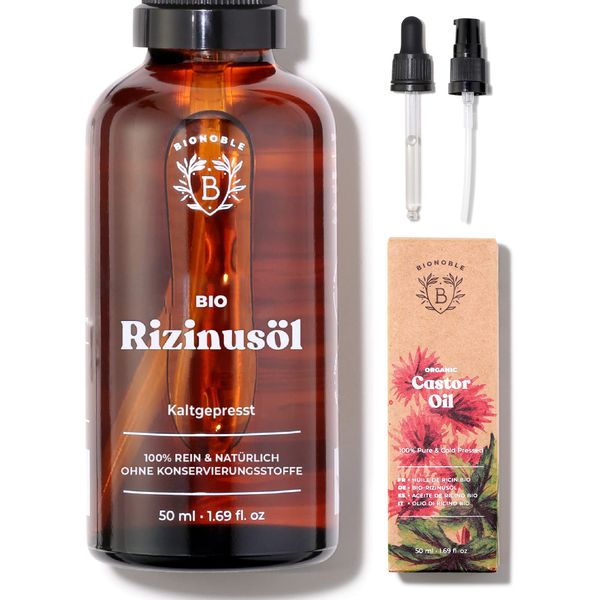 Bionoble Rizinusöl Bio 50ml - 100% Rein, Natürlich, Kaltgepresst - Wimpern, Augenbrauen, Haare, Bart, Nägel - Vegan und Cruelty Free - Castor Oil - Glasflasche + Pipette + Pumpe