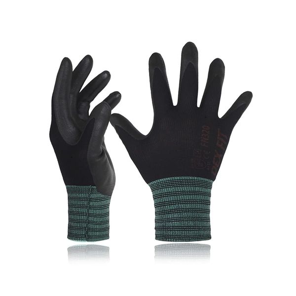 DEX FIT Premium Nylon Work Gloves FN320 - Firm Nitrile Grip, 3D-Comfort Stretchy Fit, Thin & Lightweight, Protective & Durable, Breathable, Machine Washable; Black 8 (M) 3 Pairs