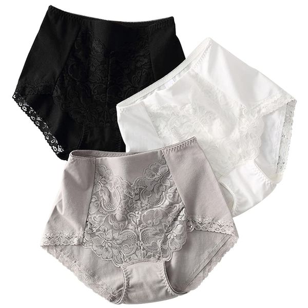 Women's High Waist Shorts, Pure Cotton, Breathable, Elastic, Tummy Pressure, Deep Back, Lace, Postpartum Correction, Pelvic Correction, Correction, Corrective Shorts, Women's Beautiful Shapes, Set of 3, Black, White, Grey