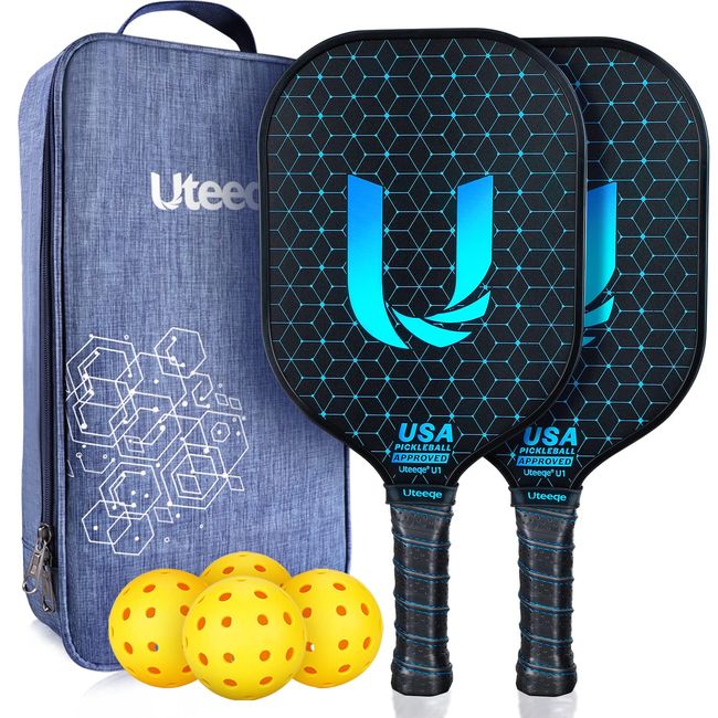 Uteeqe Graphite Pickleball Paddles Set of 2, USAPA Pickle Ball Raquette - Semi Rough Texture Surface Lightweight Polymer Honeycomb Pickleball Set 4 Balls & Case