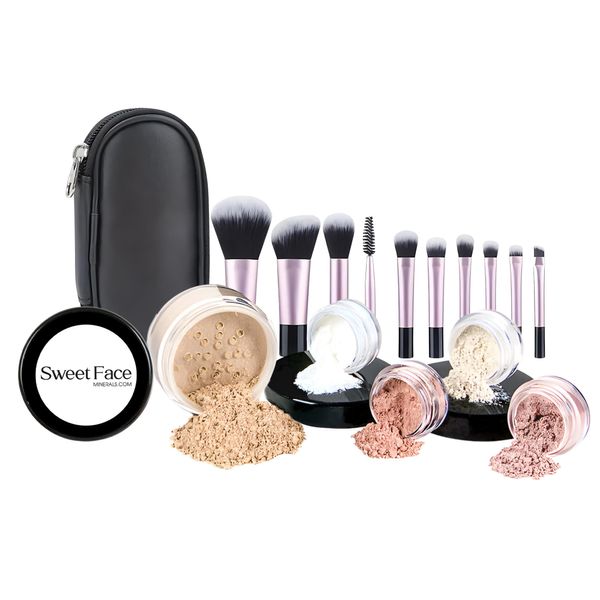 Starter Kit with 10pc Brush Set (Fair Shade 2) Mineral Makeup Loose Powder Bare Face Includes Matte Foundation, Veil Primer, Blush, Bronzer, Translucent Finishing Setting Powder SPF 30 Travel