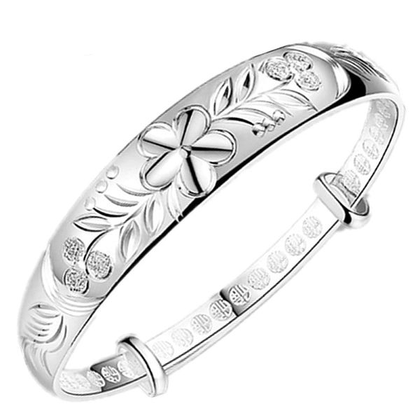 Women's Bracelet, Silver Bracelet Fashion Solid Wide Flower Blooming Carved Exquisite Cuff Bracelet Adjustable Opening for Men's Bracelet Women's Eternal Jewelry Christmas