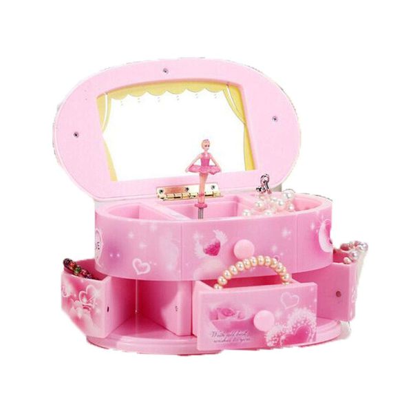 Qulable Girl's Musical Jewelry Storage Box with Drawer and Dancing Ballerina Makeup Mirror Jewelry Storage Music Box (Pink)