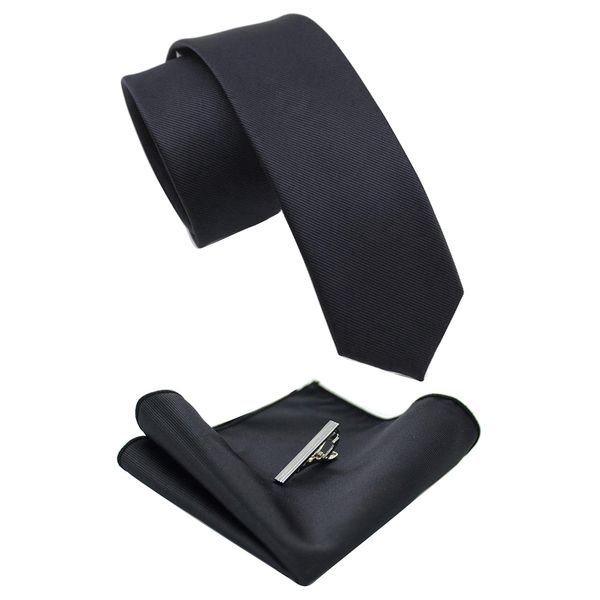 JEMYGINS 2.4" Black Skinny Tie and Pocket Square with Tie Clip Silk slim Necktie Sets for Men