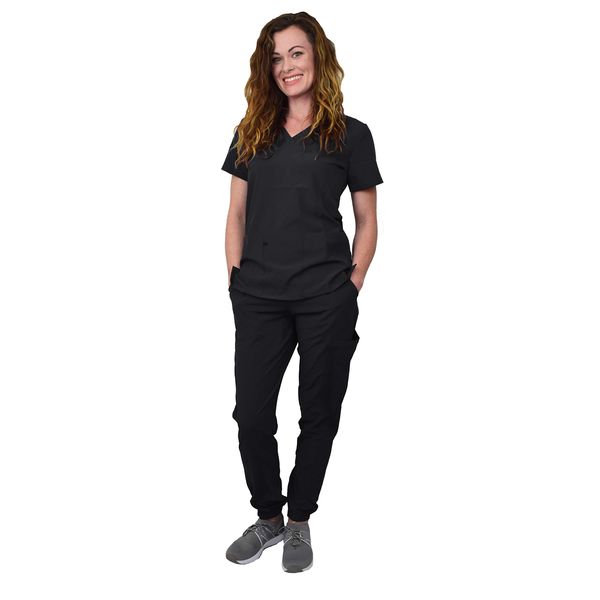 Green Town Scrubs for Women Scrub Set - Jogger Pant and V-Neck Top, 6 Pockets, Easy Care Uniforms-Black-Medium