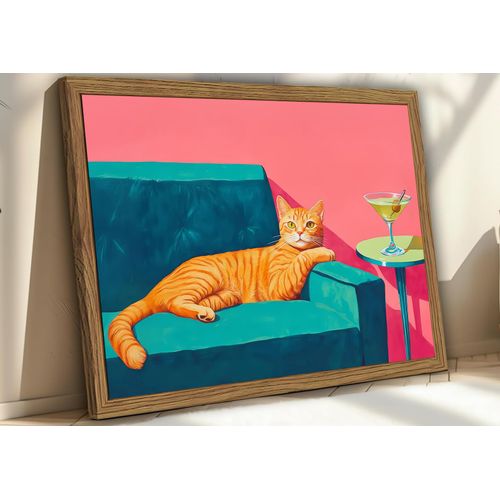 Funny Cat Wall Art Orange Cat With Martini Wall Decor Painting Whimsical Animal Cocktail Bar Cart Poster Canvas Prints Quirky Pet Lover Picture for Bedroom Living Room Wood Framed 12x16 inch