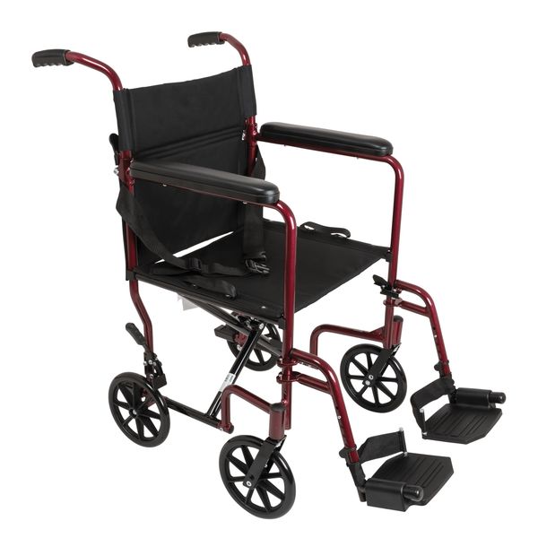 Compass Health ProBasics Aluminum Transport Wheelchair, 19-inch, Burgundy