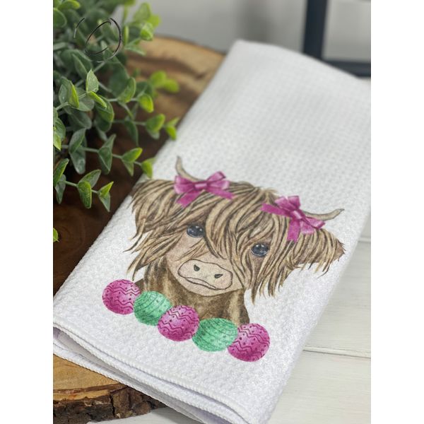 Easter Eggs Highland Cow Waffle Weave Tea Towel