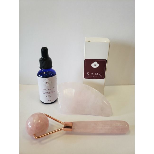 Facial Beauty Set Organic Camellia Oil Rose Quartz Gua Sha Plate Beauty Roller