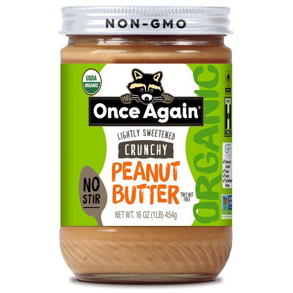 Once Again Organic Crunchy Peanut Butter, 16oz - No Stir - Lightly Sweetened & Salted - USDA Organic, Gluten Free Certified, Vegan, Kosher - Glass Jar