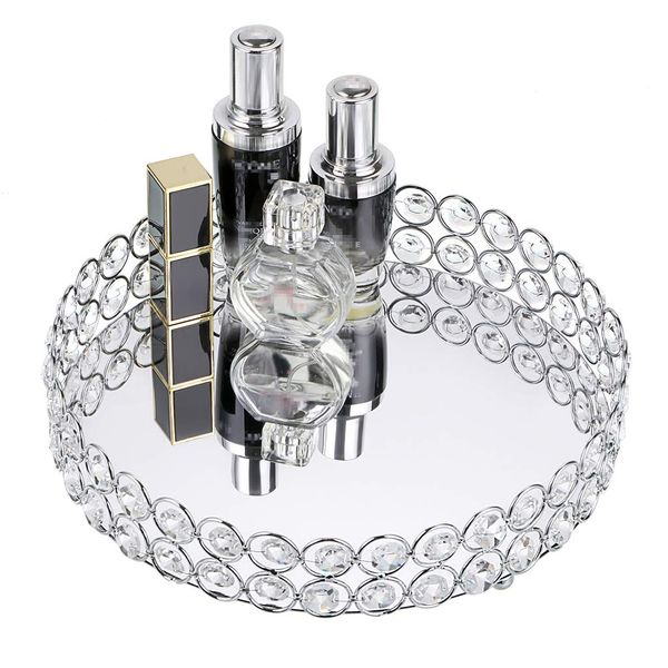 SUMTREE Crystal Cosmetic Makeup Tray Jewelry Trinket Tray Organizer Vanity Tray Mirrored Decorative Tray for Christmas Brithday Gift Dressing Table Bathroom Wedding Decoration (Silver, Round, 25CM)