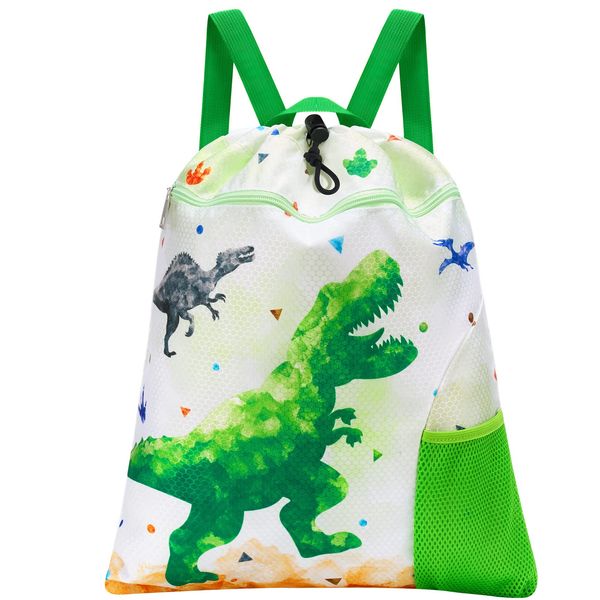 WAWSAM Dinosaur Kids Drawstring Backpack - Waterproof String Backpack Gym Bag for Boys Portable Lightweight Backpack Sport School Beach Travel Swim Sackpack with Zipper Pocket Water Bottle Pocket