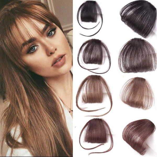 Thin Neat Air Bangs Clip in Hair Extensions Front Neat Bang Fringe One Piece Straight Hairpiece Accessories (With Sideburn, Dark Brown)